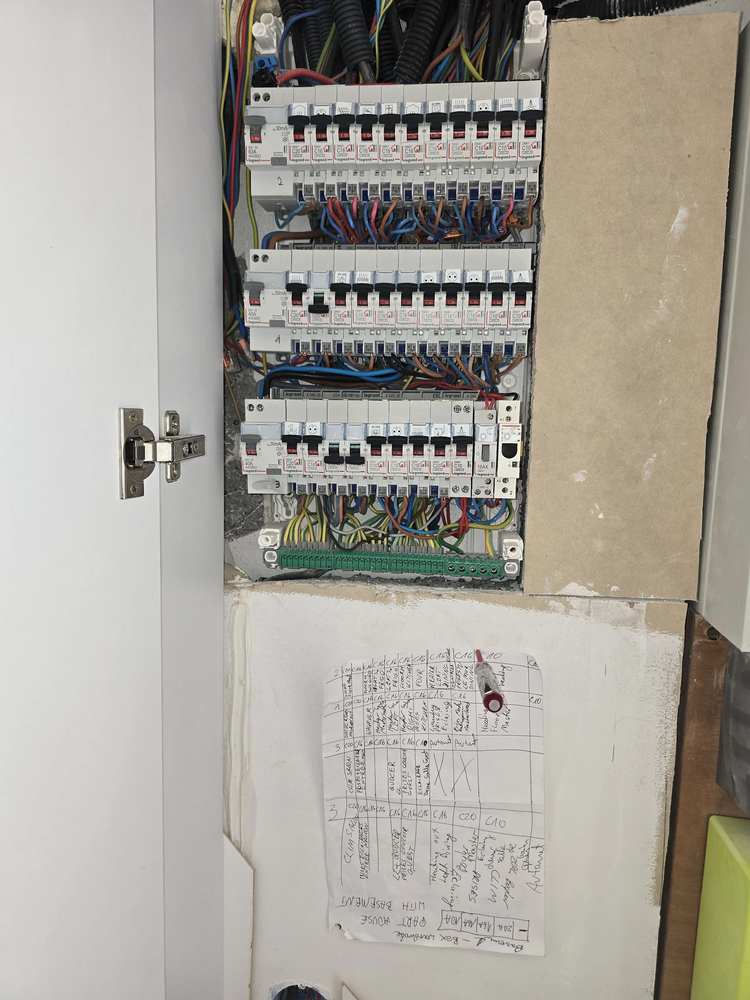Tableau électrique avec plusieurs disjoncteurs et câblage organisé, installation électrique en cours